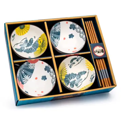 Flower Pattern Rice Bowl & Chopstick Set (Set of 4) 國潮 陶瓷飯碗及筷子套裝 (4件裝)