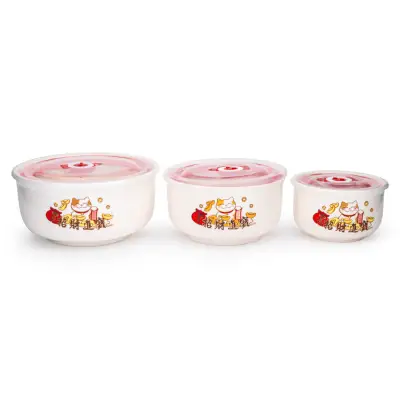 3 Pieces Lucky Cat Microwavable Ceramic Bowl with Lid (招財貓 精品陶瓷套裝 3件 )
