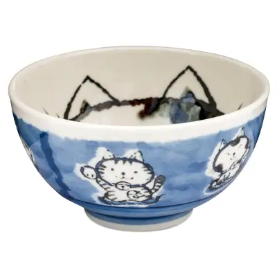 Japanese Ceramic Lucky Cat Noodle Bowl (Blue)